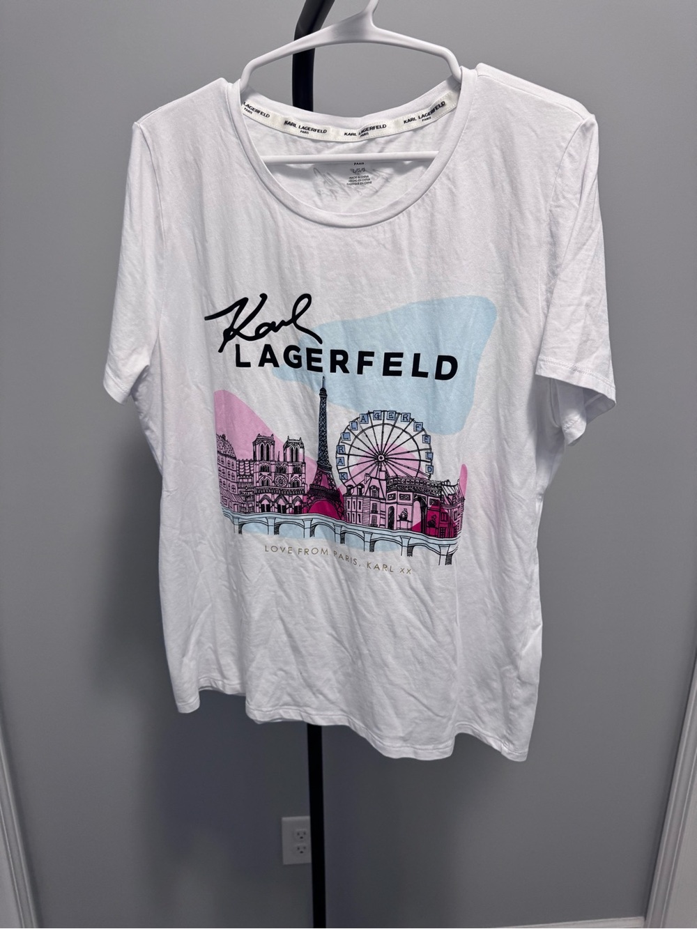 Karl Lagerfeld White Tee with Pink & Light Blue Paris Graphic